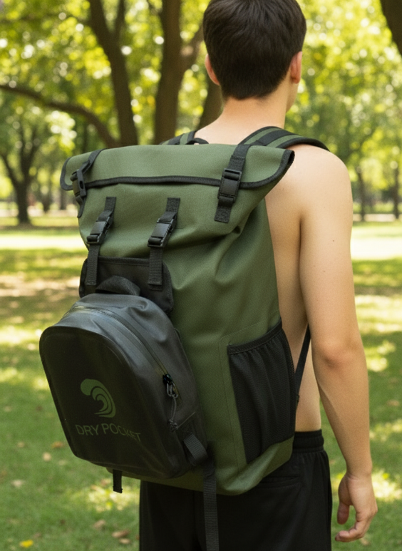 Person wearing a green backpack with a visible brand logo on a plain background