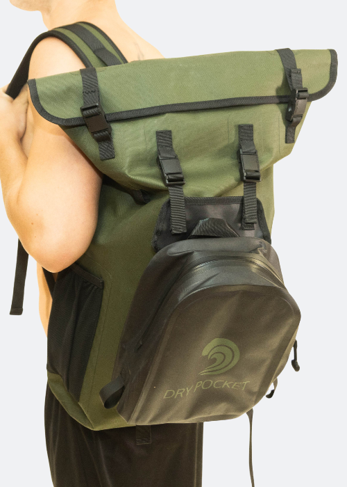 Person wearing a green backpack with a visible brand logo on a plain background