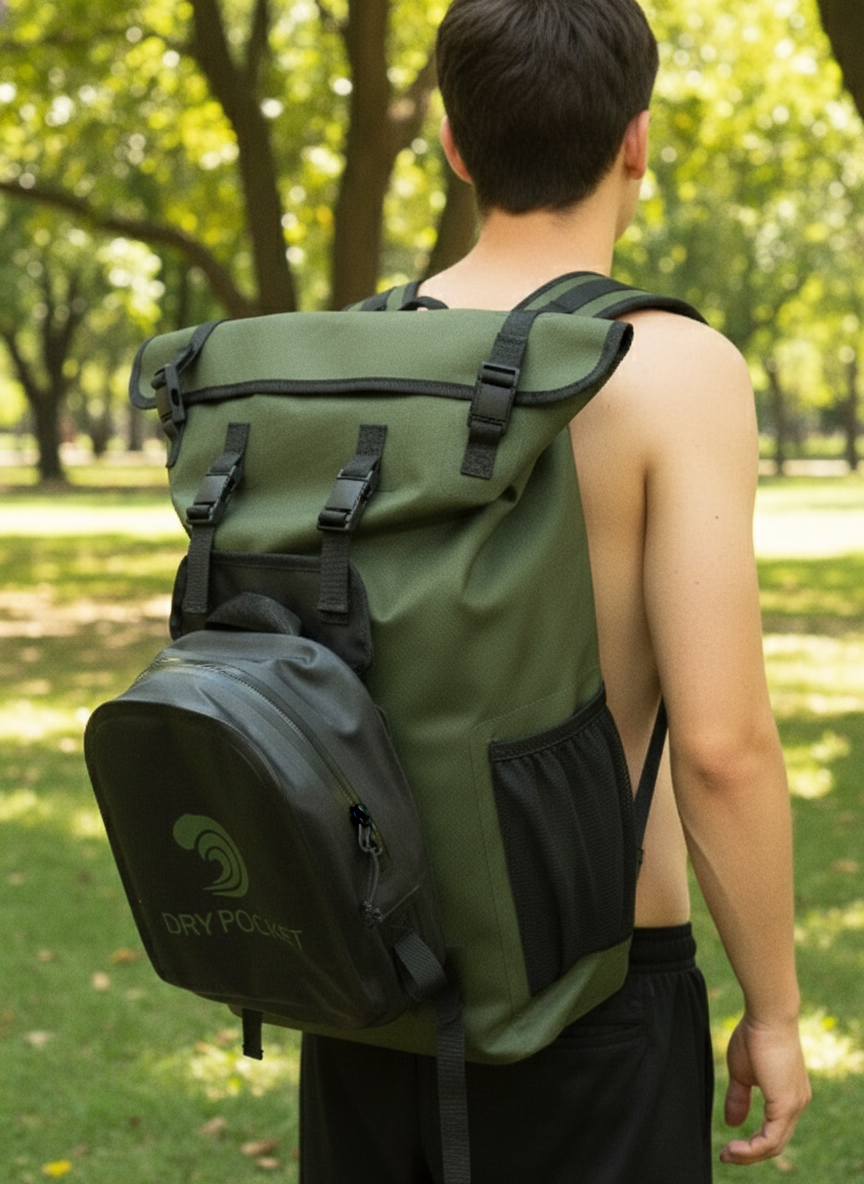 Person wearing a green backpack with a visible brand logo on a plain background