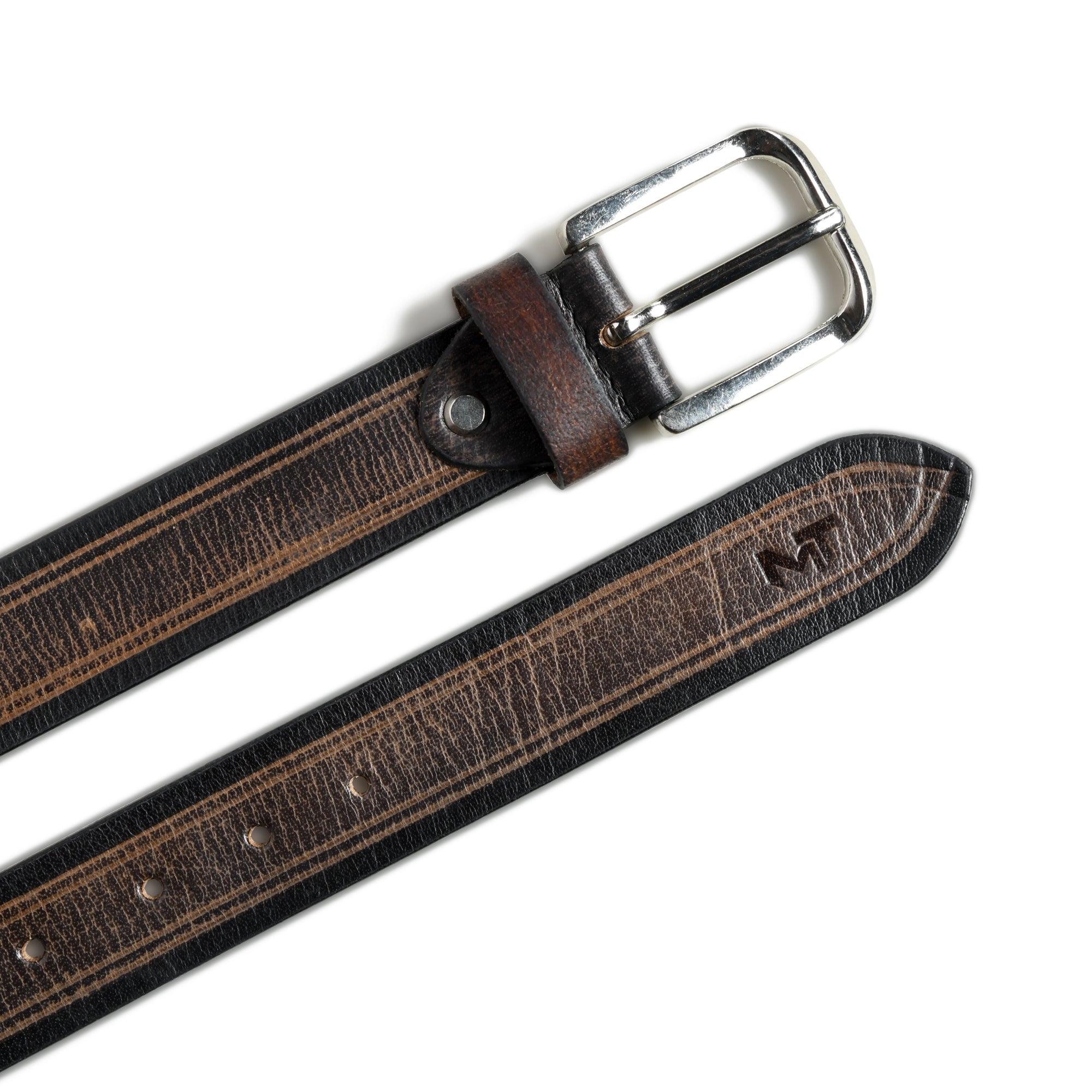 Brown leather belt with silver buckle on a white background