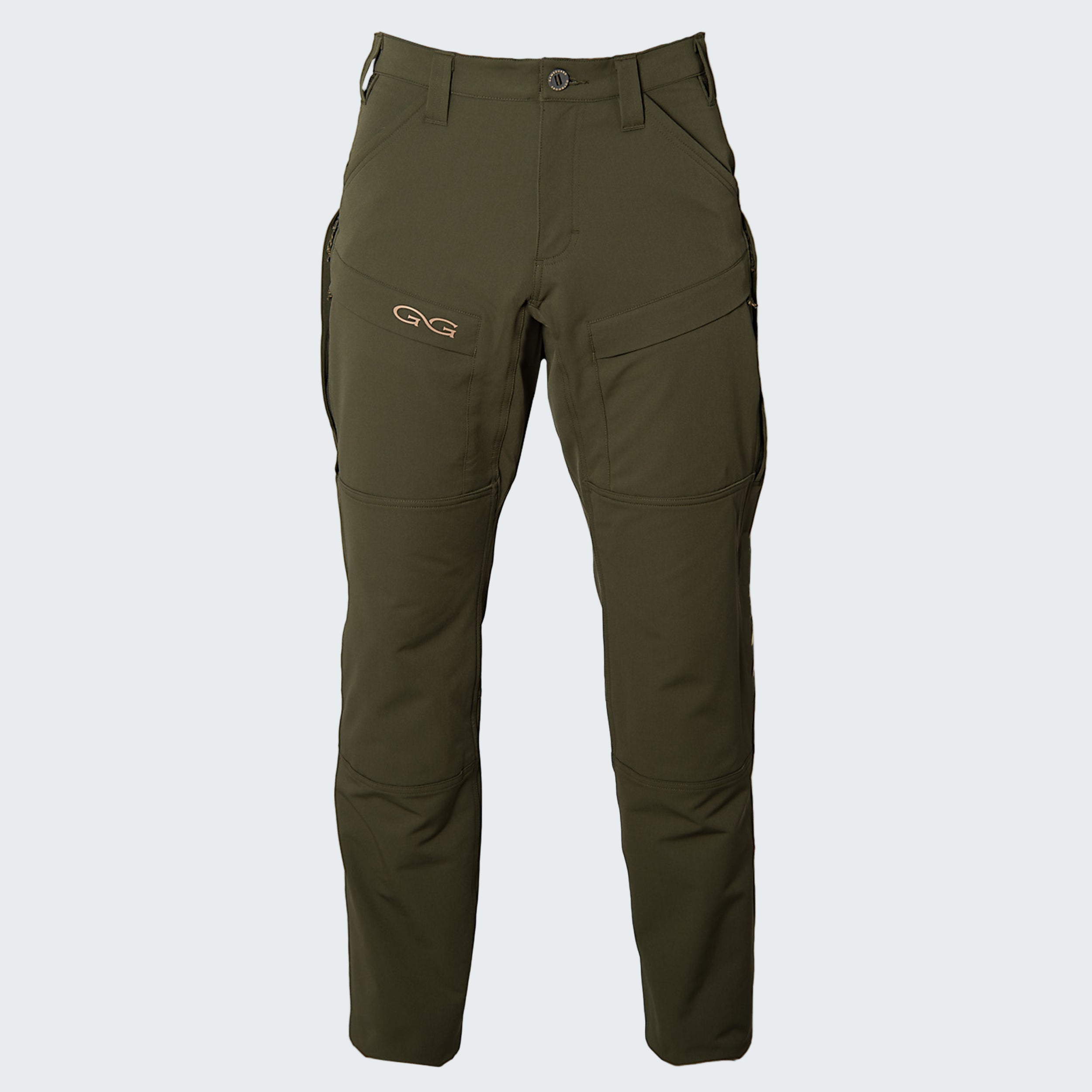 Green pants with a brand logo on a white background