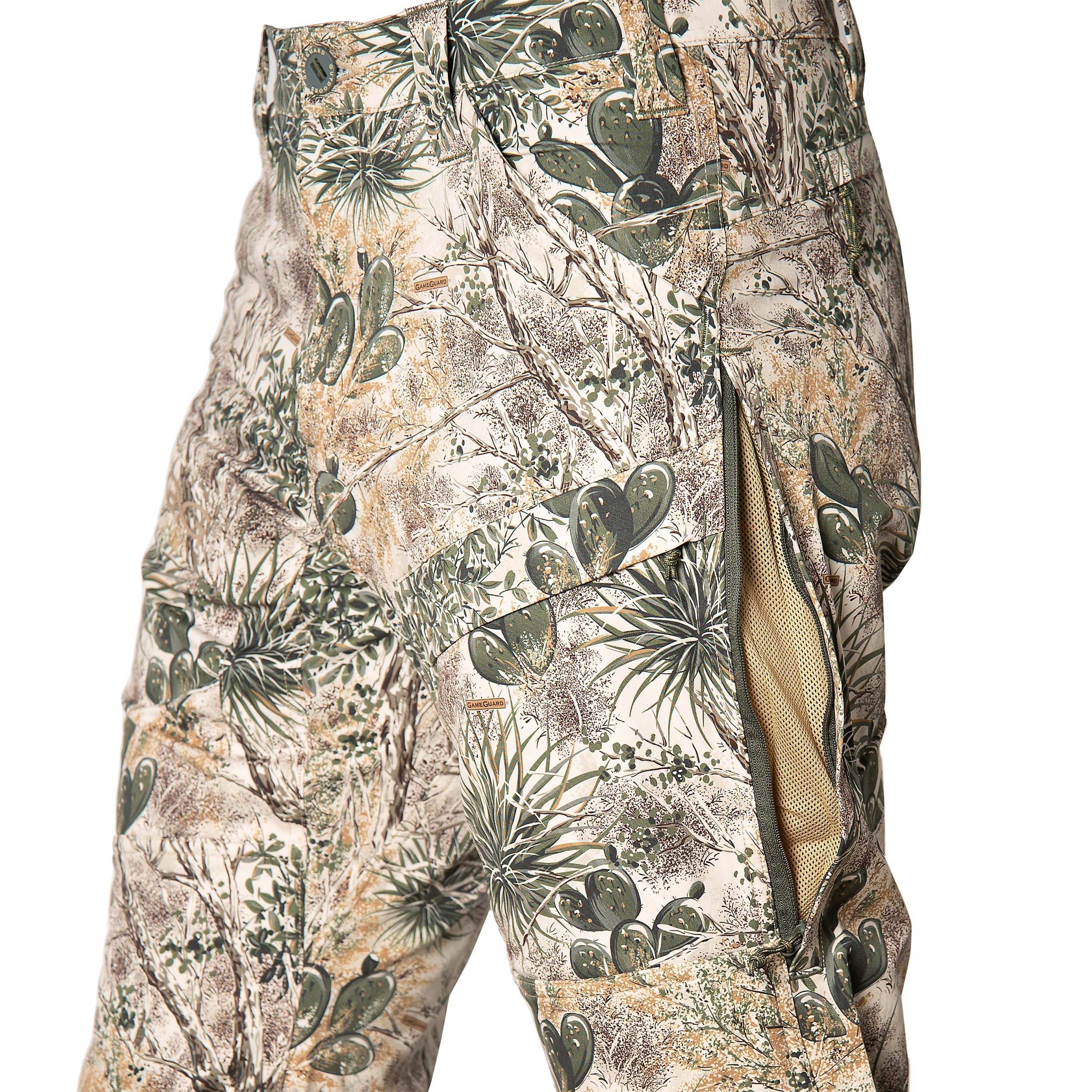 Camouflage pants with a detailed pattern on a white background