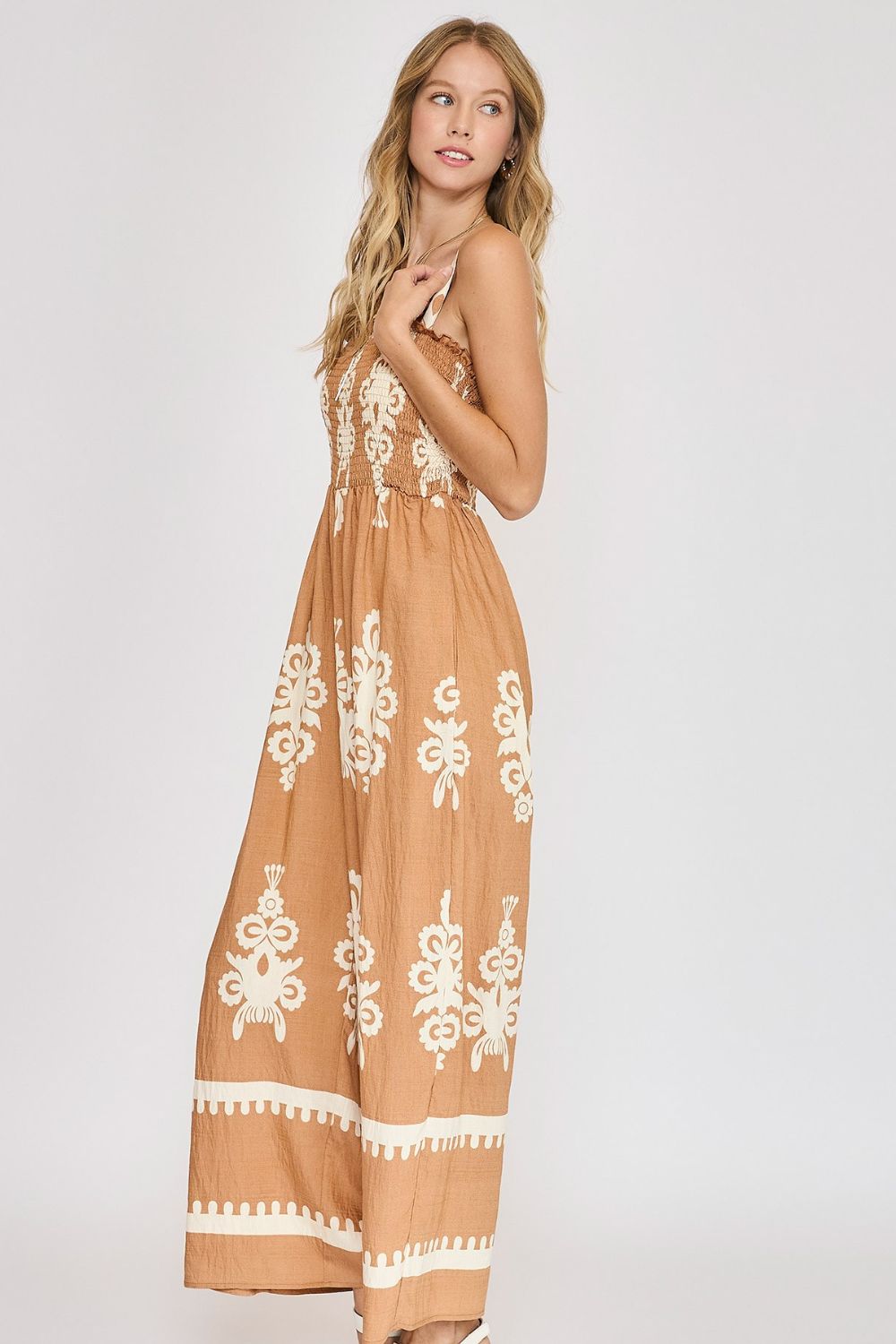 Umgee Full Size Smocked Printed Wide Leg Jumpsuit