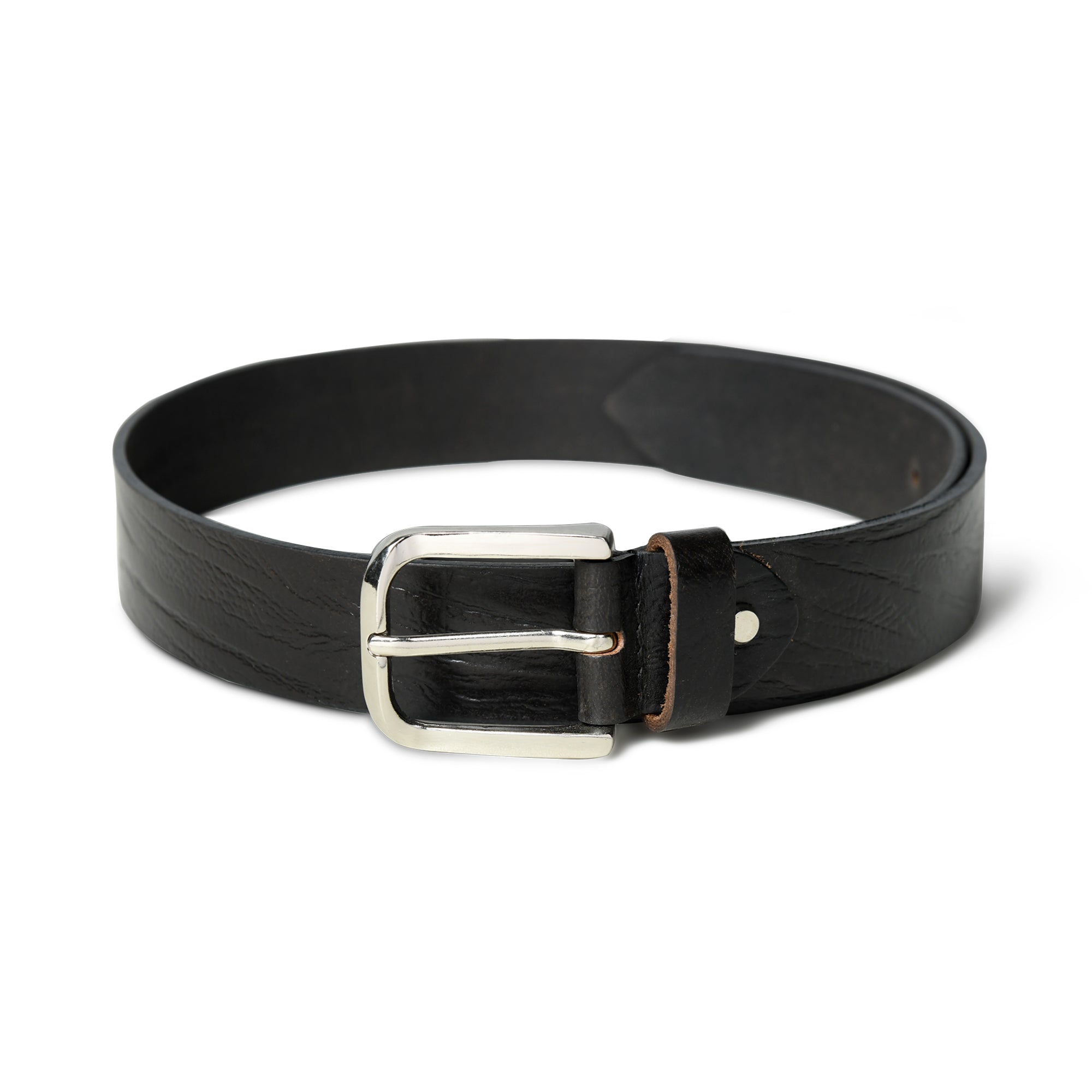 Black leather belt with a silver buckle on a white background