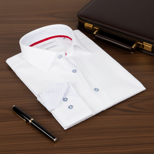 Folded white dress shirt with red lining on a wooden surface next to a black pen and brown briefcase.