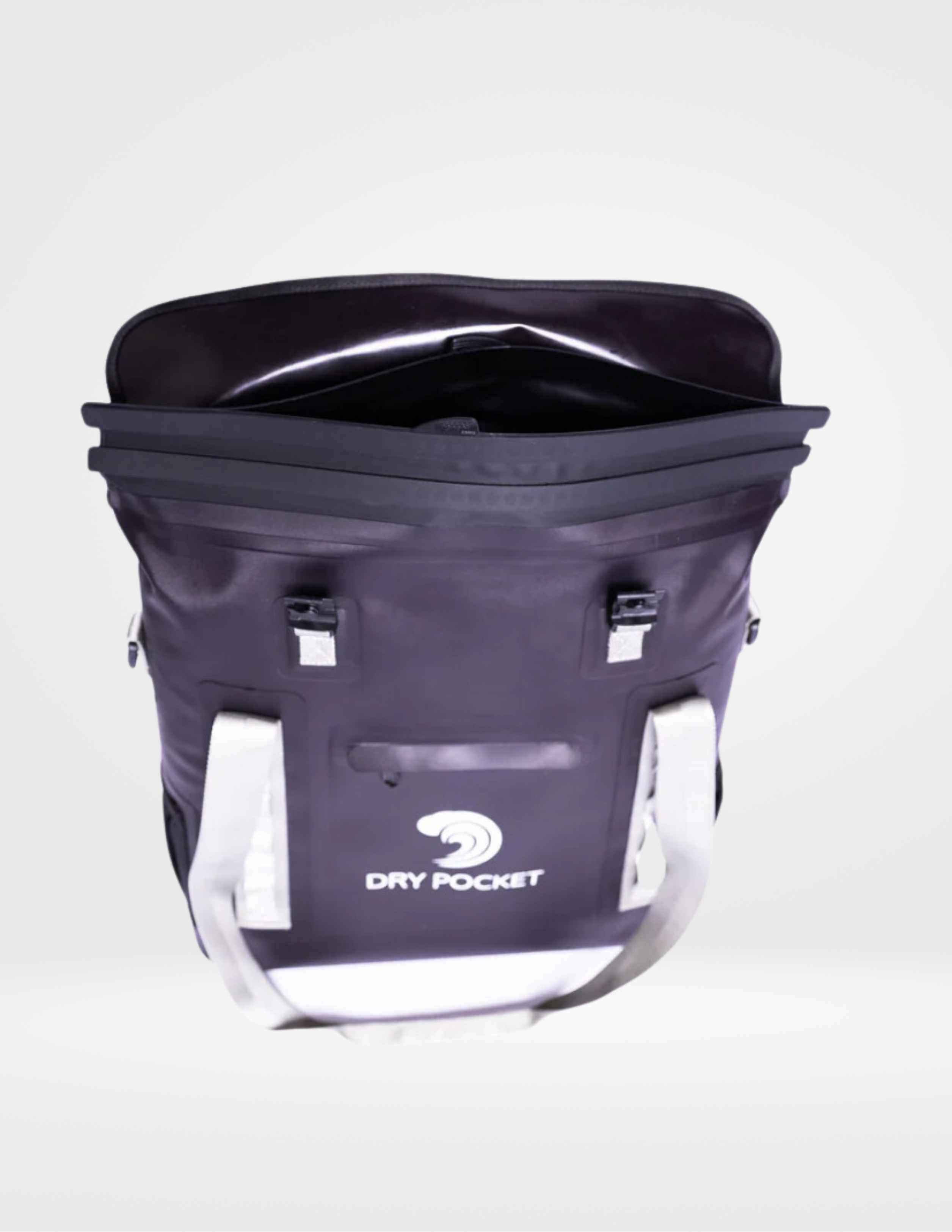 Black dry bag with reflective strip and 'Dry Pocket' branding on a white background