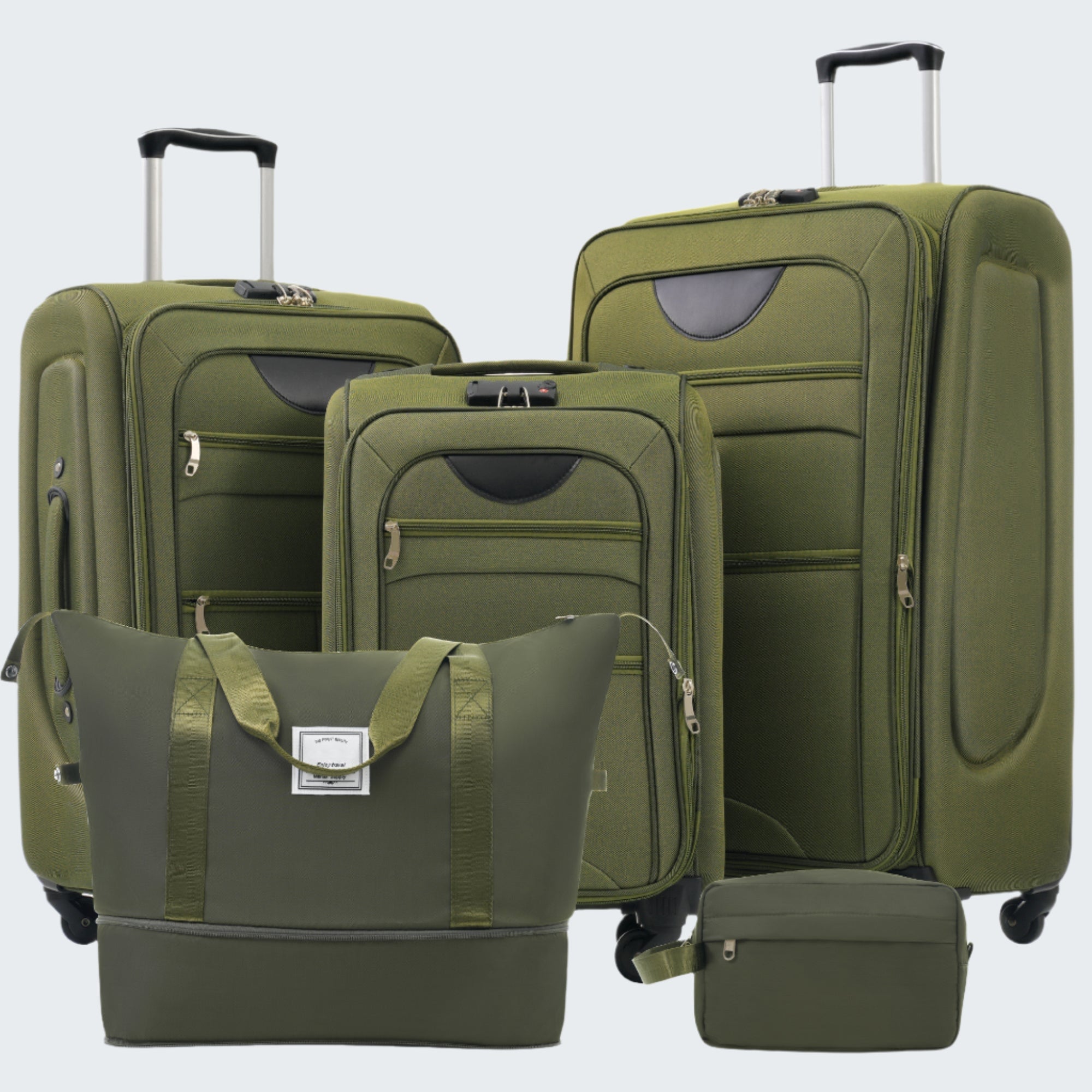 A set of army green softside luggage with expandable features, including a 20-inch carry-on, a 24-inch carry-on, and a 28-inch suitcase, along with a duffel bag and a toiletry bag.