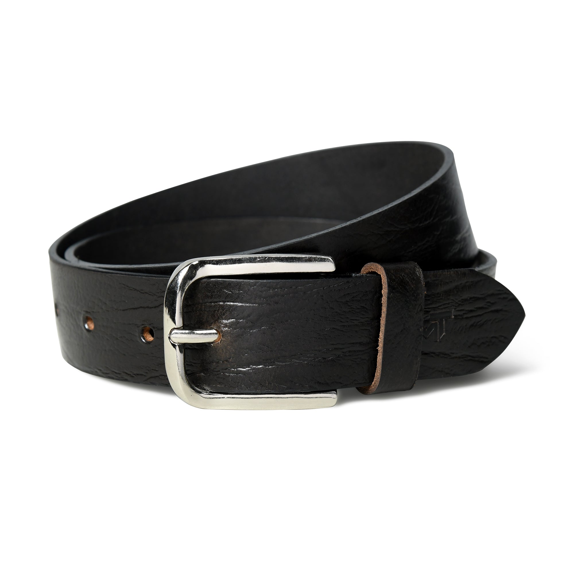 Black leather belt with a silver buckle on a white background