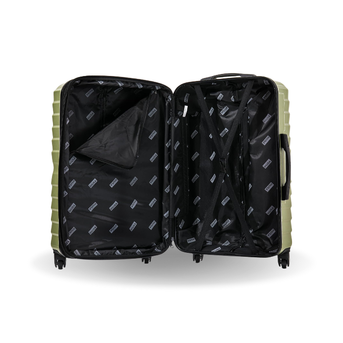 Open suitcase with green exterior and black interior on a white background