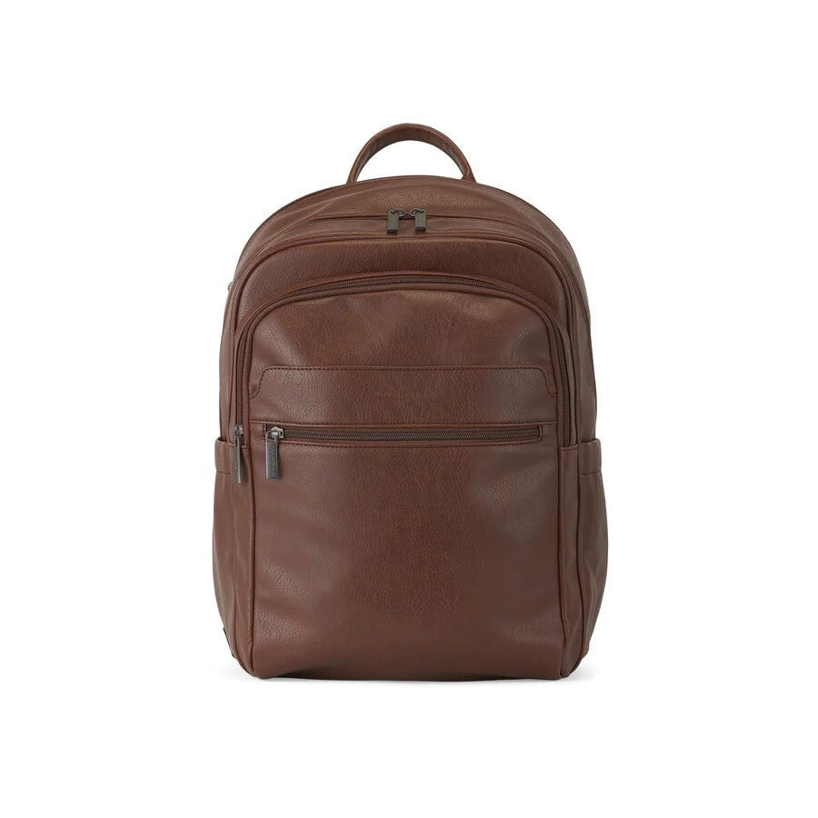 Brown leather backpack on a white background
