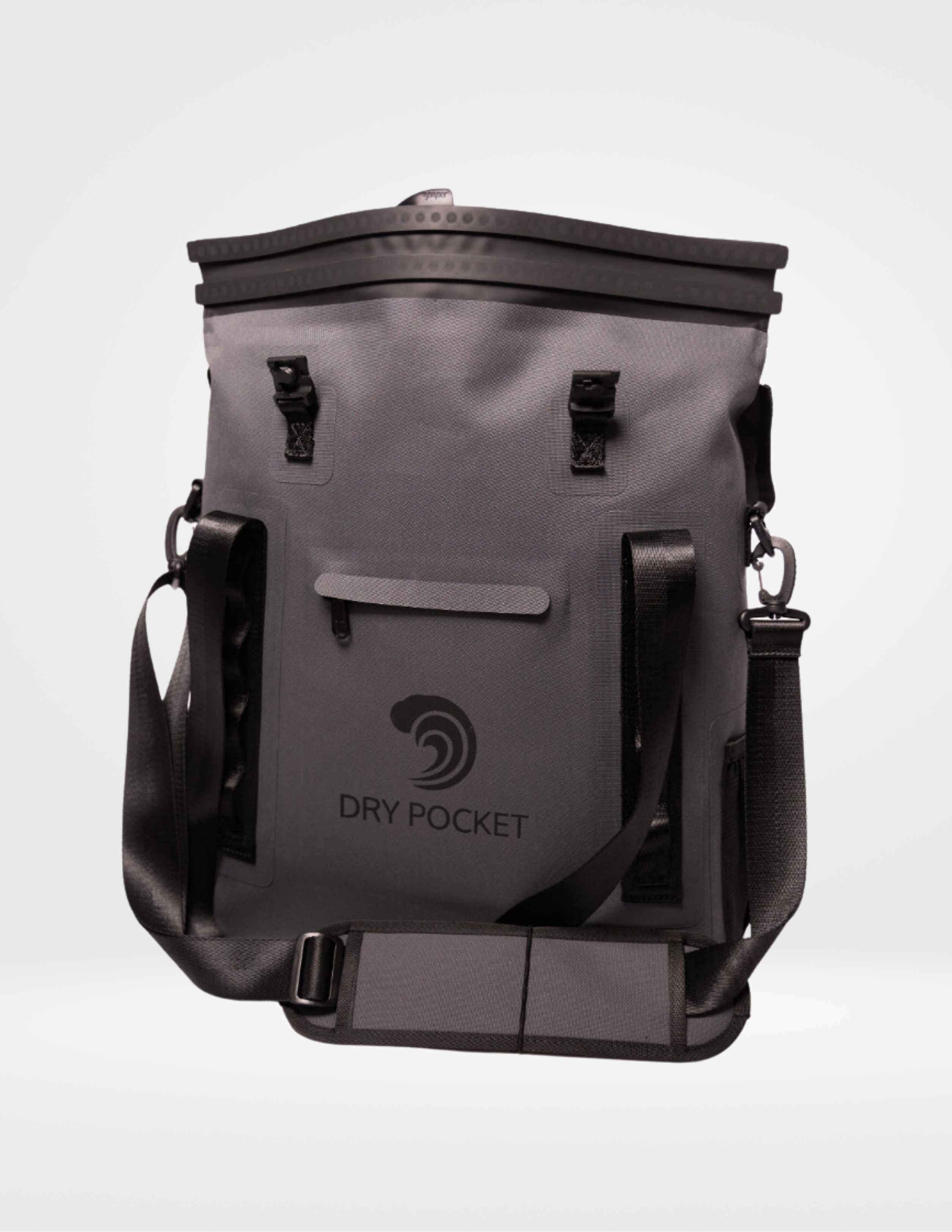 Gray dry bag with 'Dry Pocket' logo on a white background