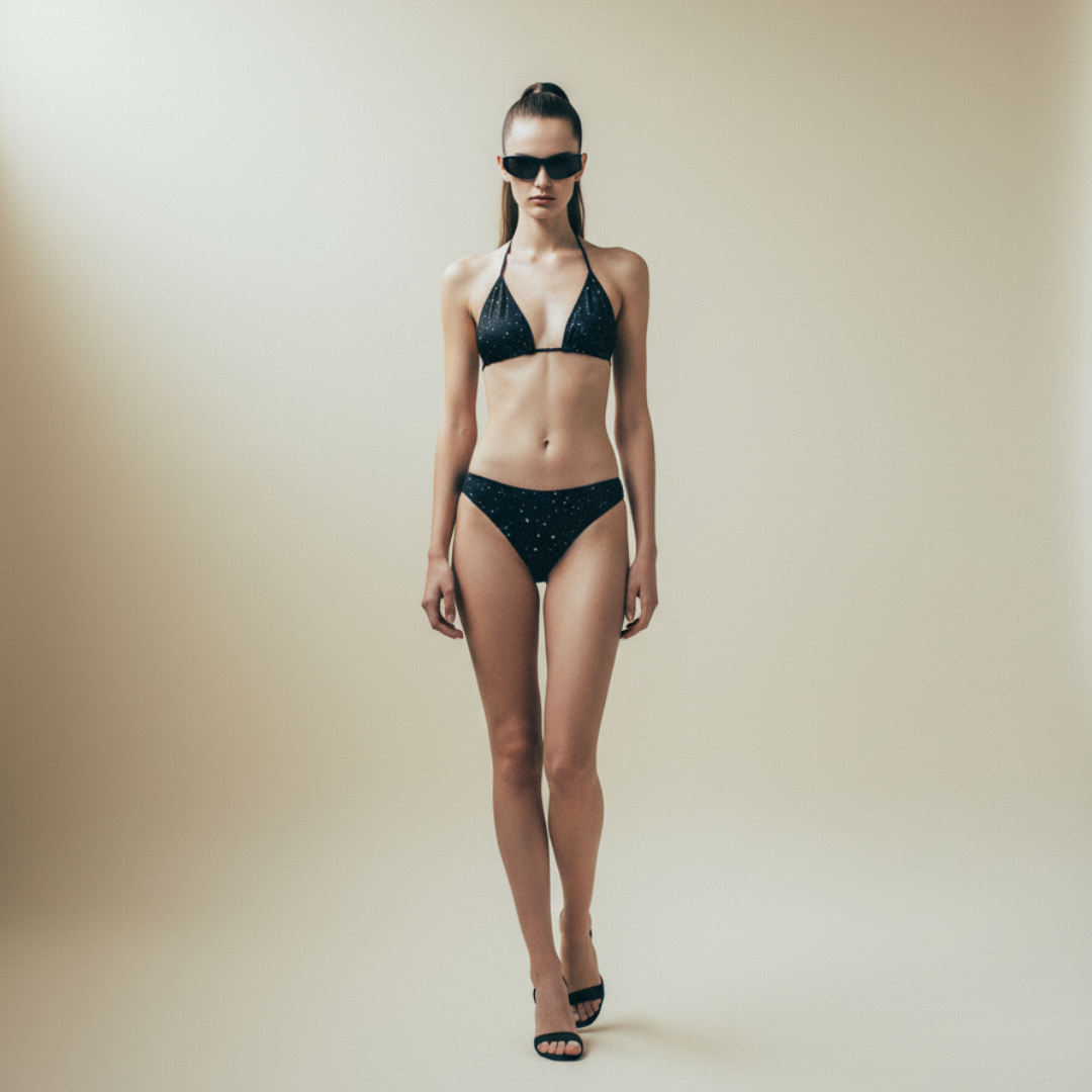 Woman wearing a black bikini and sunglasses against a beige background