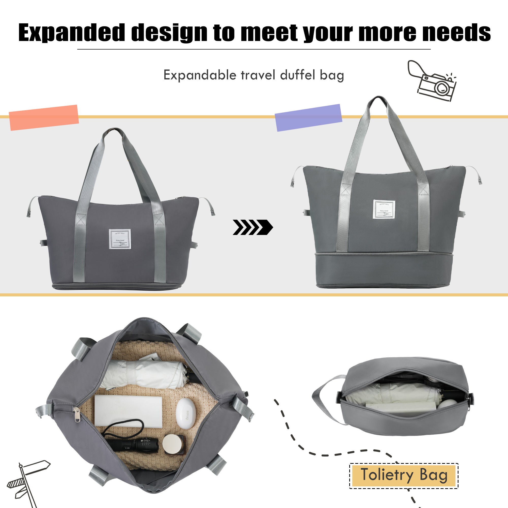 A set of gray softside luggage which includes a 20-inch, 24-inch, and 28-inch suitcase with spinner wheels, a duffel bag, and a toiletry bag.