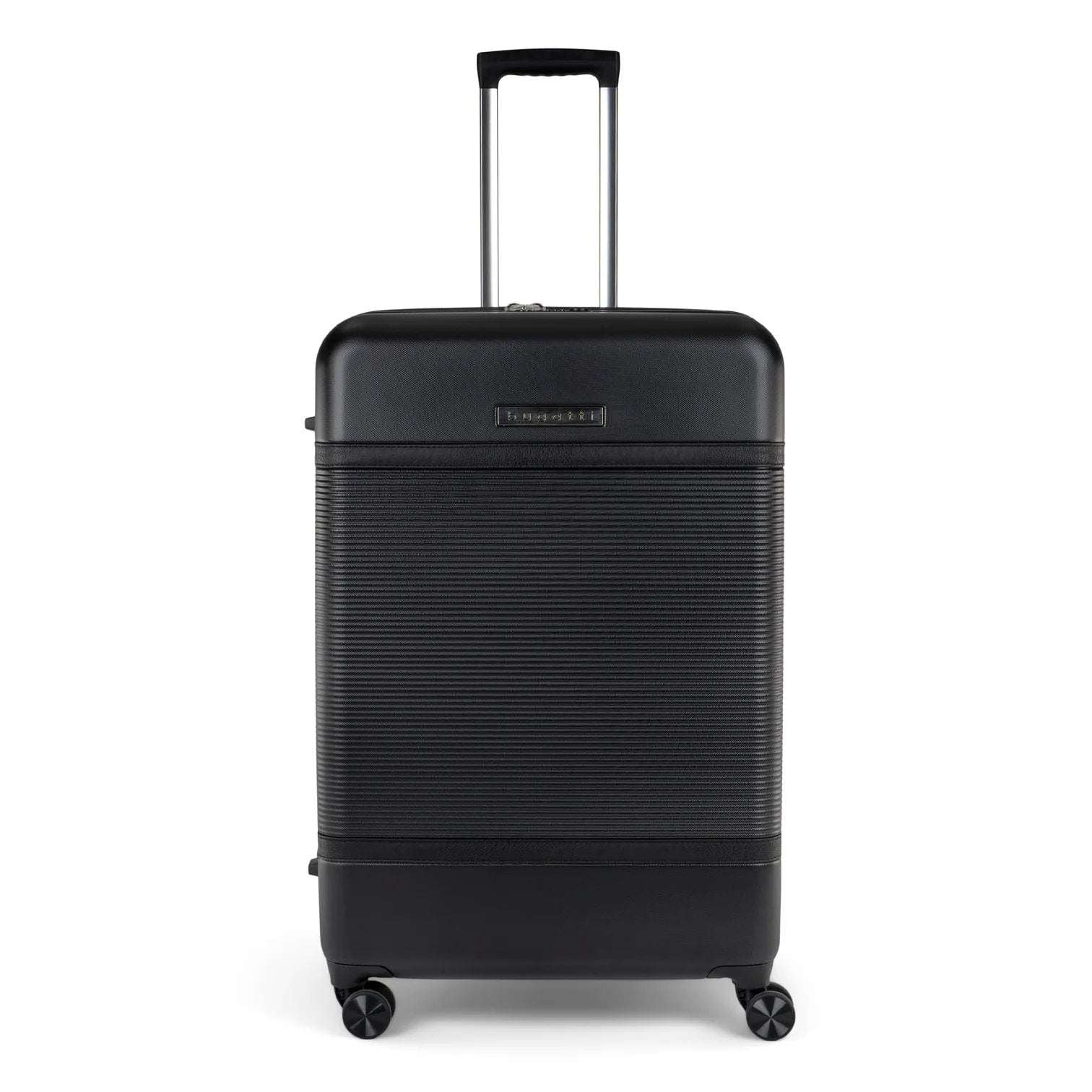 Black suitcase with a textured surface on a white background