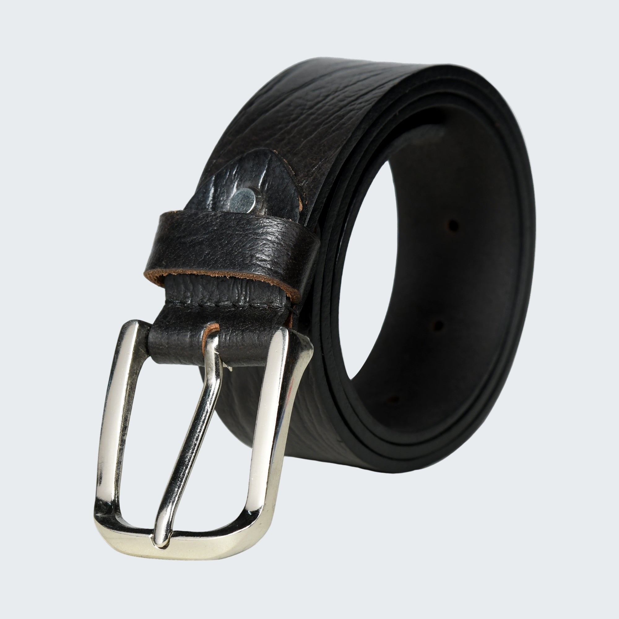 Black leather belt with a silver buckle on a white background