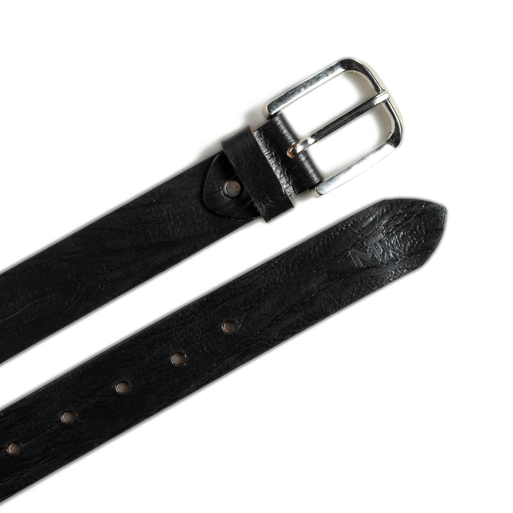 Black leather belt with a silver buckle on a white background