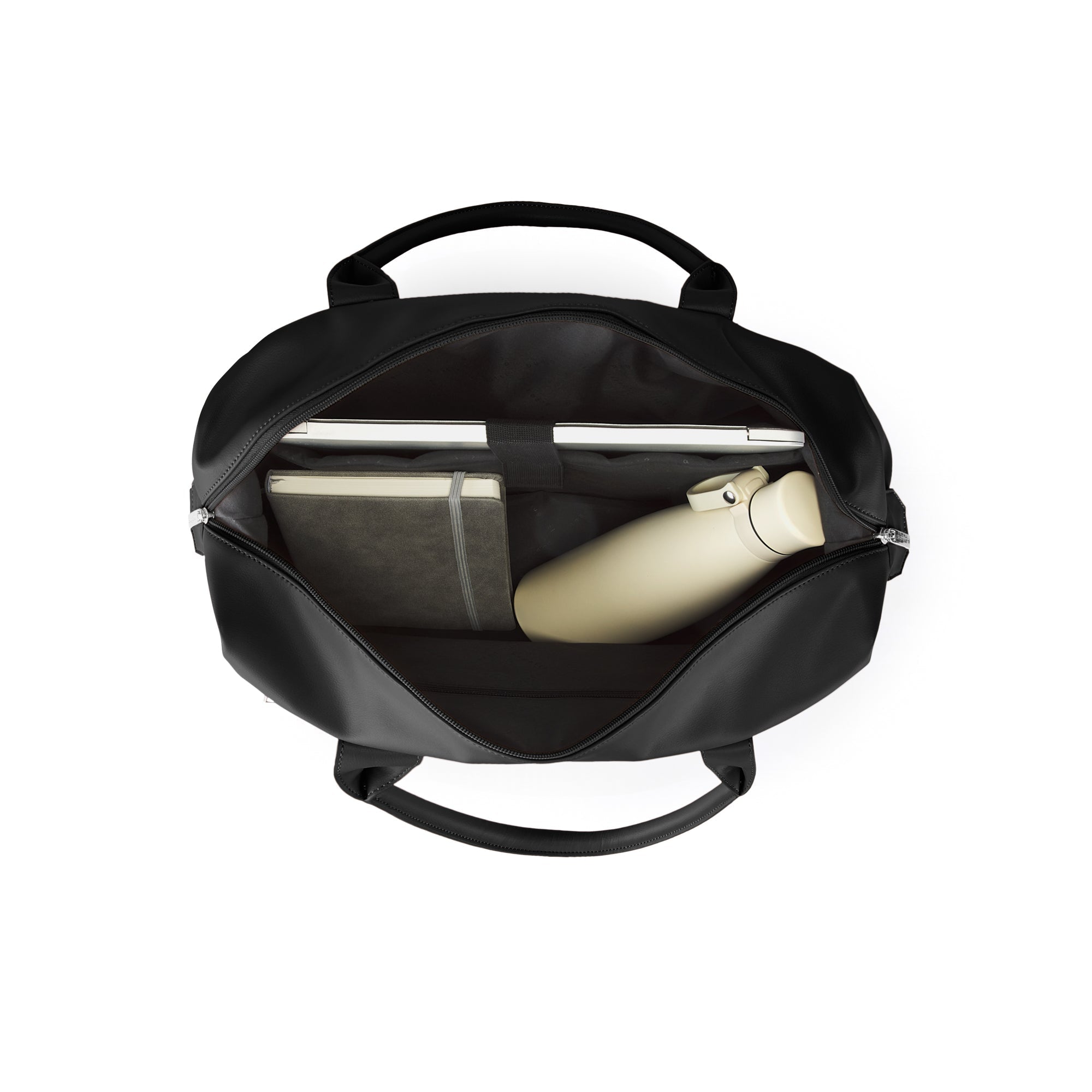 Black backpack with a laptop and a white bottle inside on a white background