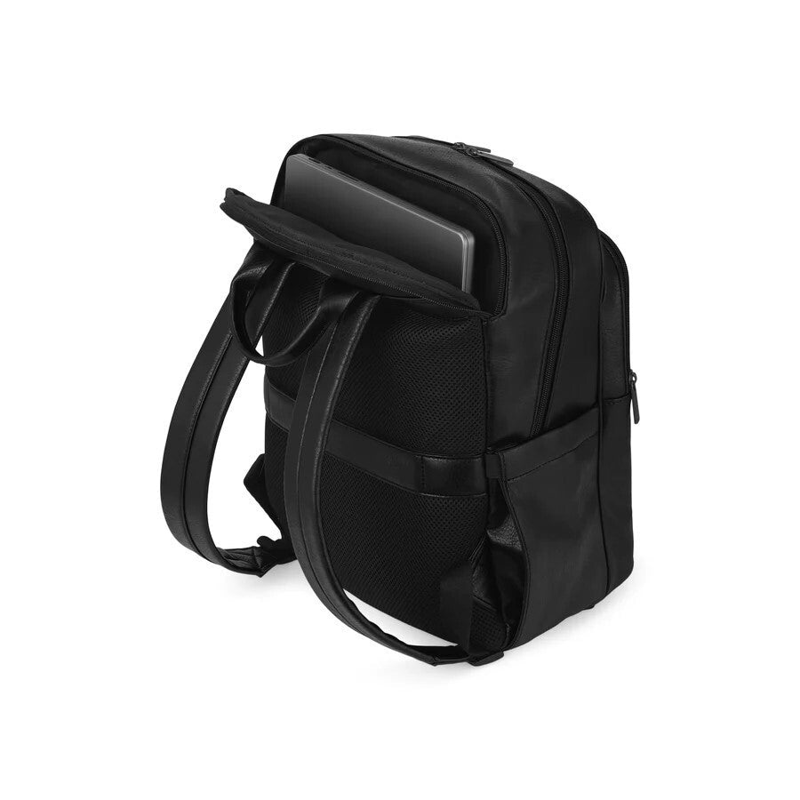 Black backpack with a tablet slot on a white background