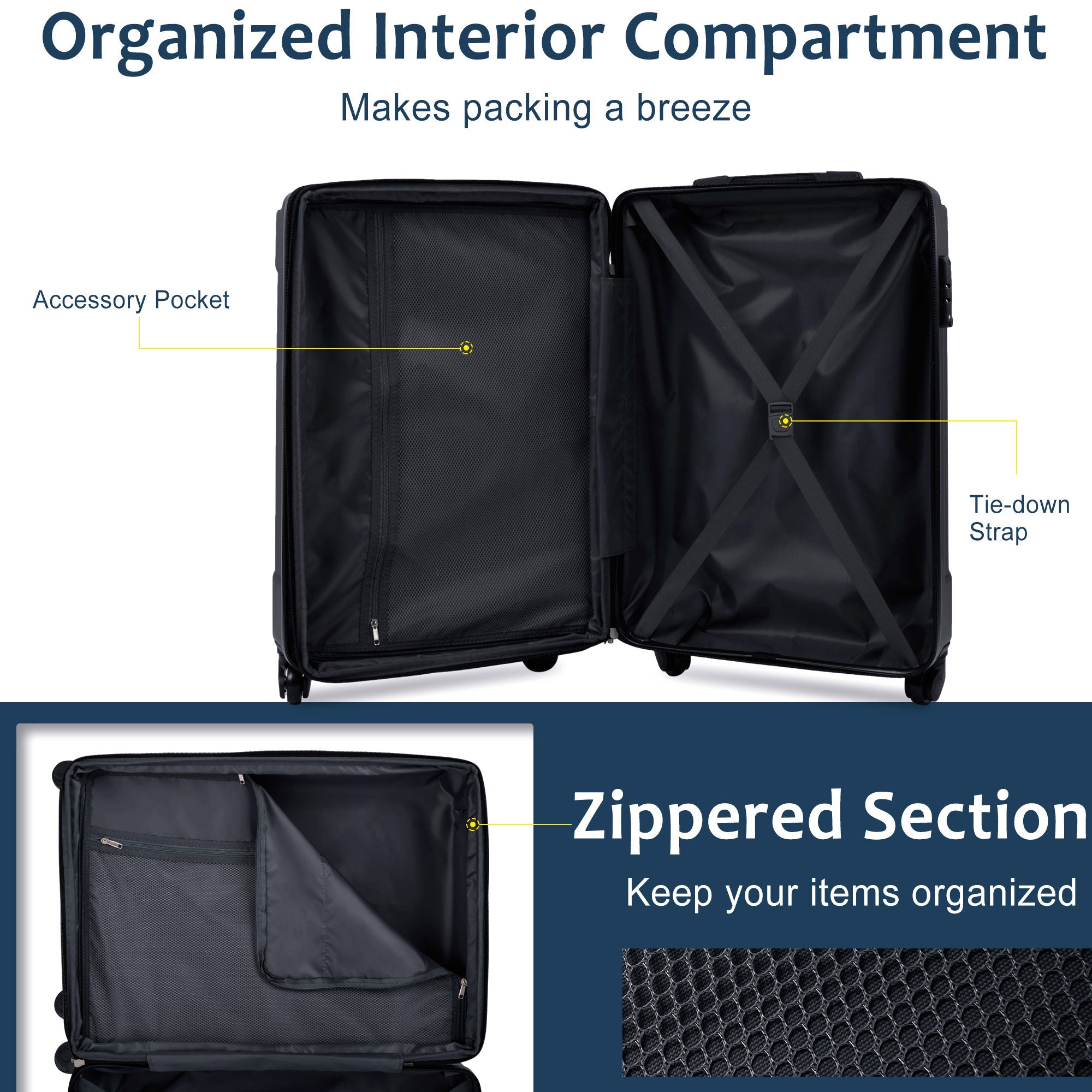 Blue Hardshell Luggage Sets Three Piece Carry-on Suitcases with Wheels
