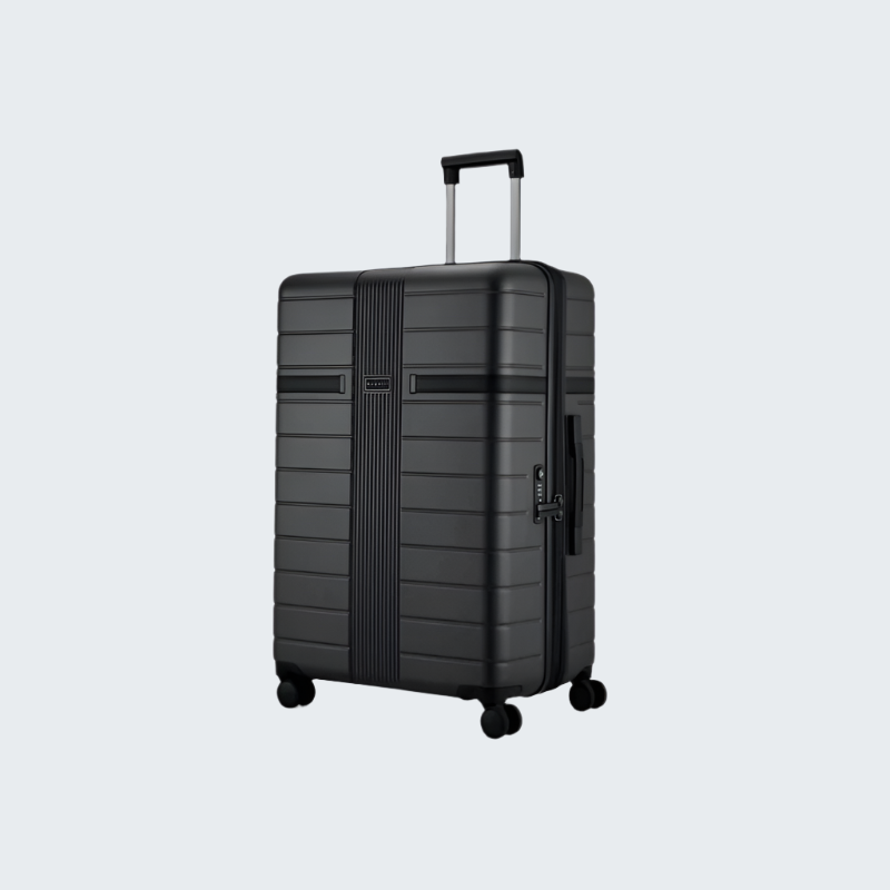 Black suitcase with a textured surface on a white background