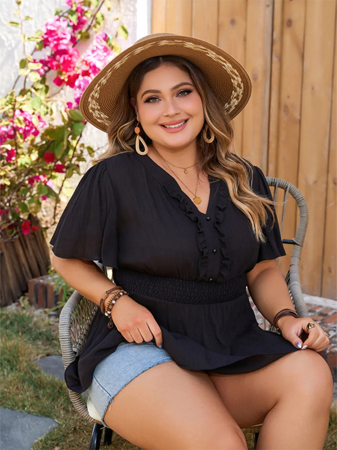 Plus Size Notched Short Sleeve Blouse