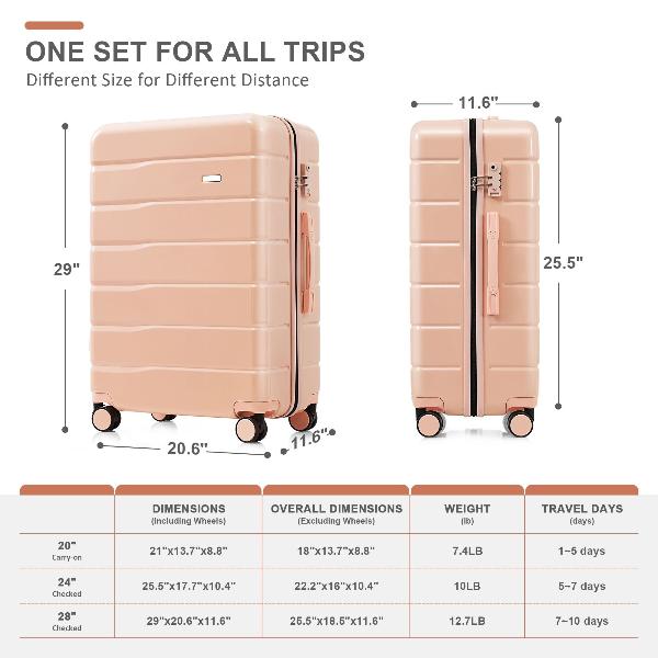 Luggage Sets 4 Piece, ABS Durable Suitcase with Travel Bag, ABS Hard