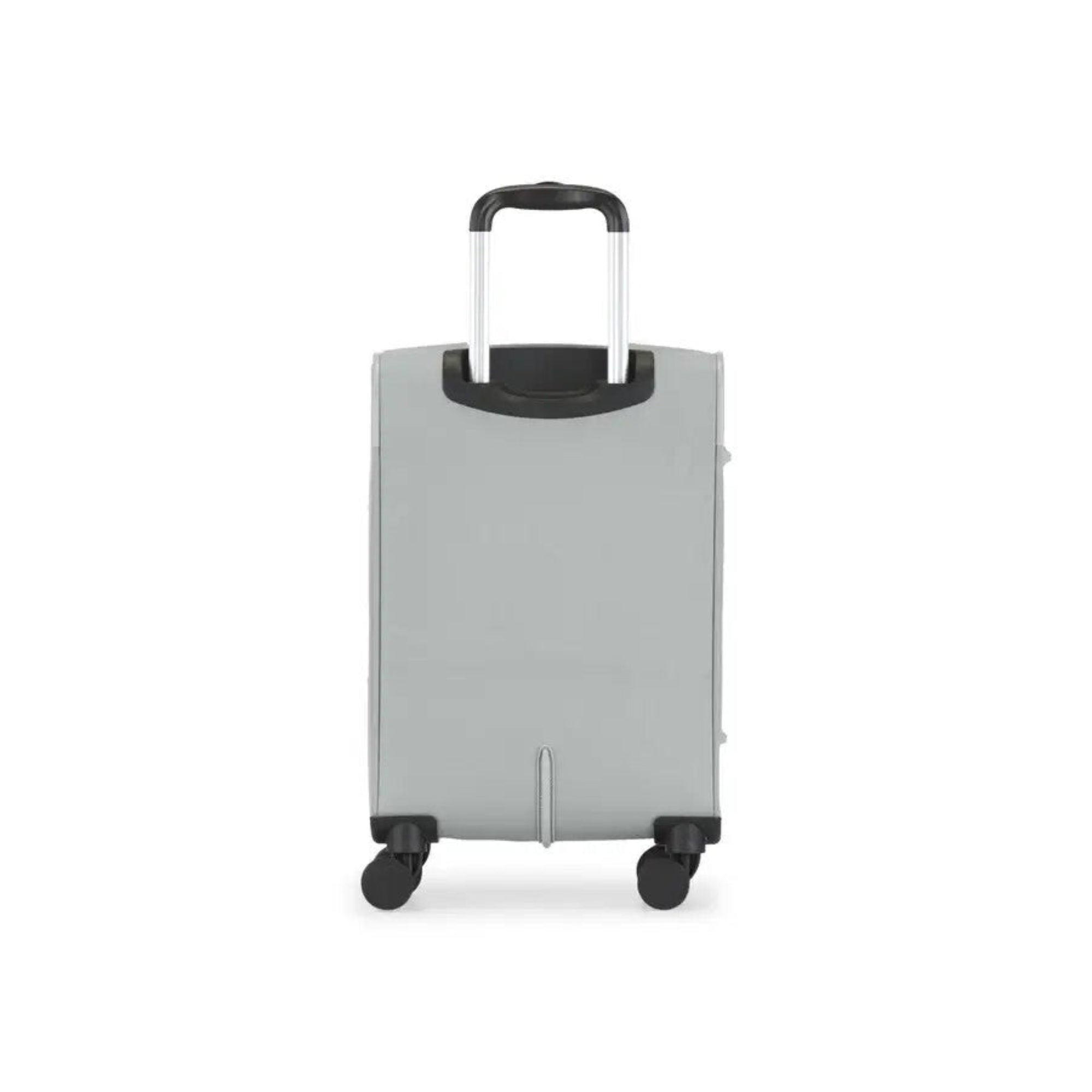 Gray suitcase with a black handle on a white background