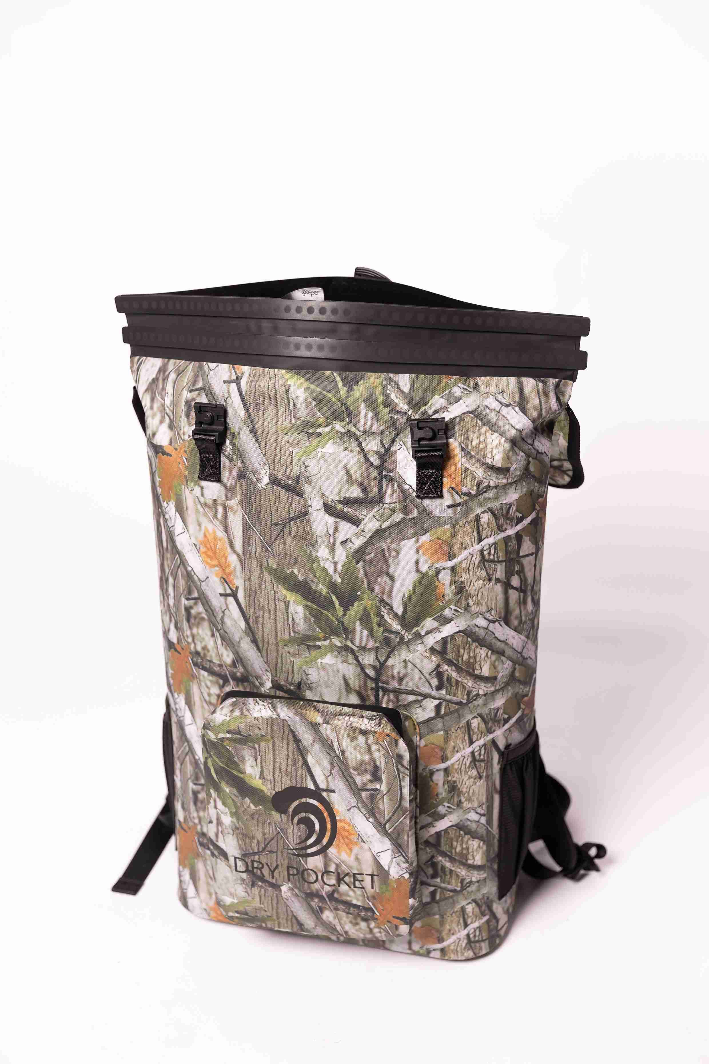 Camouflage backpack with a visible brand logo on a white background