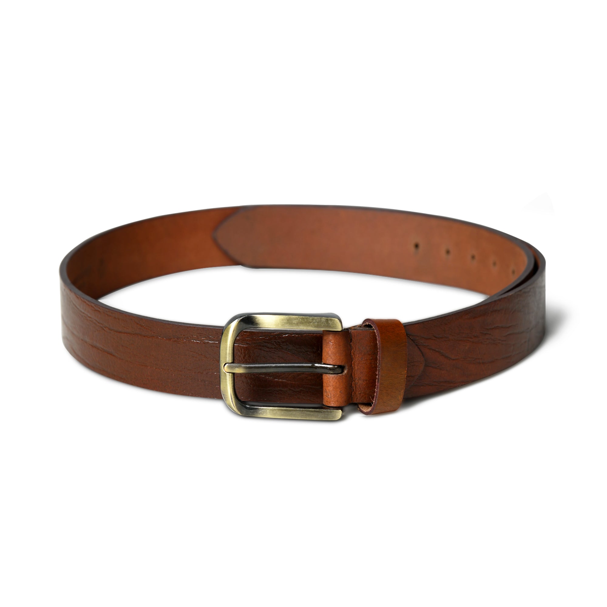 Brown leather belt with a brass buckle on a white background