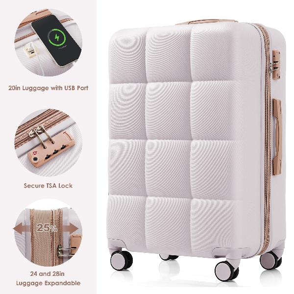 Luggage Sets 4 Piece, 20-inch with USB Port, Expandable ABS Durable