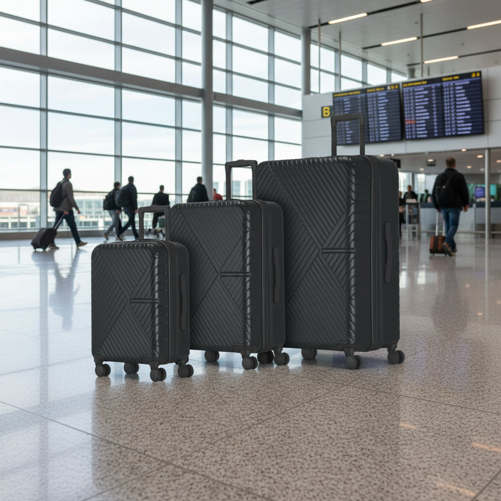 Set of three black suitcases of different sizes on a white background