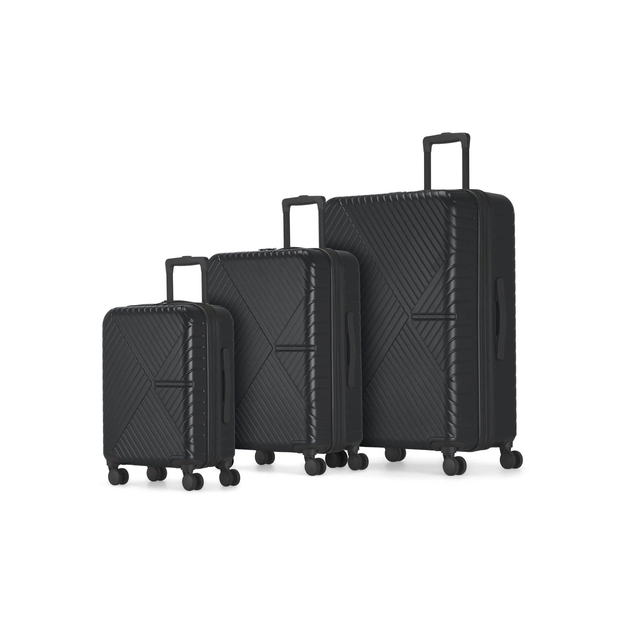 Set of three black suitcases of different sizes on a white background