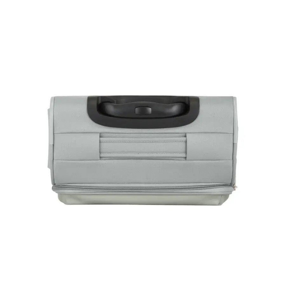 Gray folding suitcase with a black handle on a white background