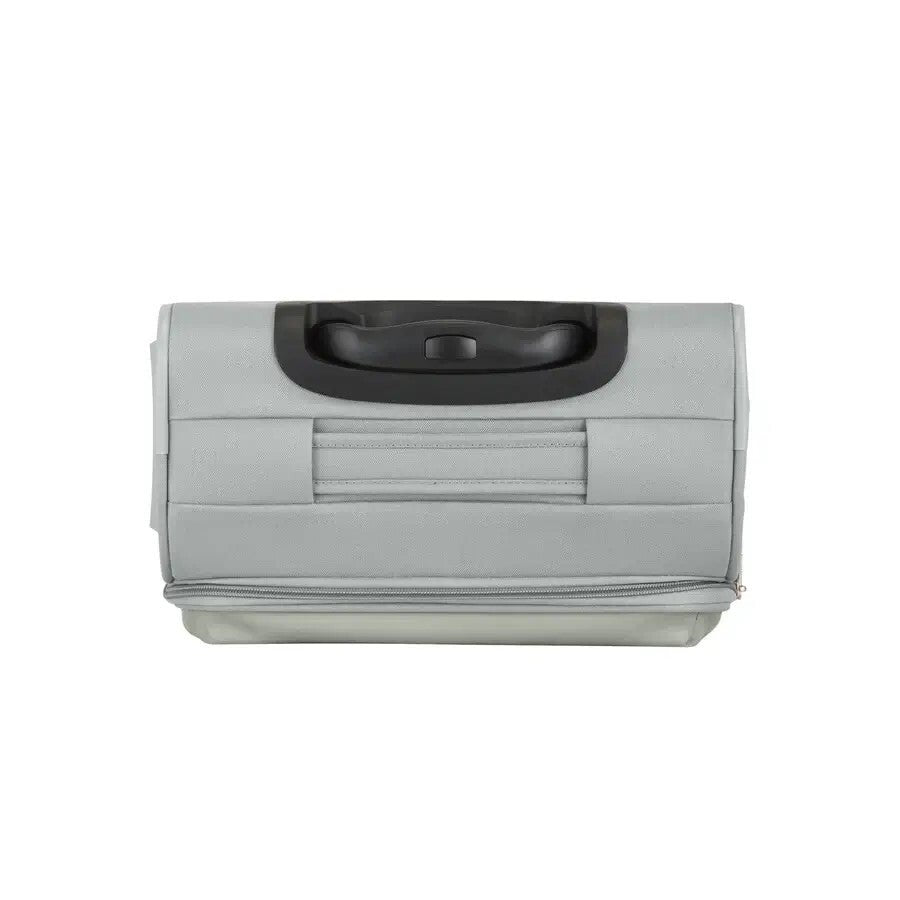 Gray folding suitcase with a black handle on a white background