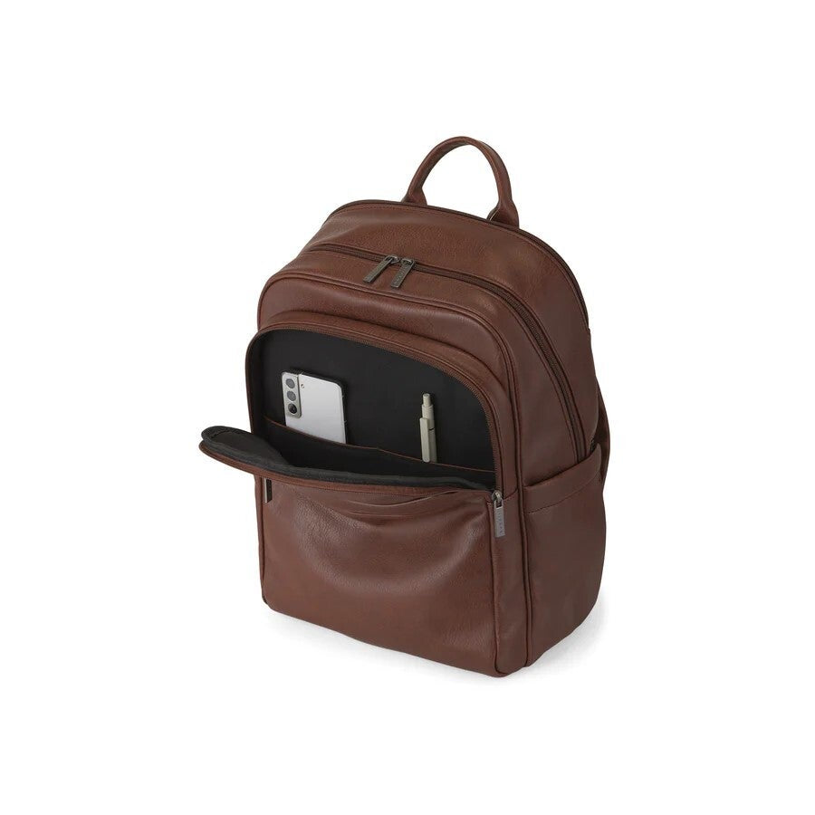 Brown leather backpack with a smartphone inside on a white background