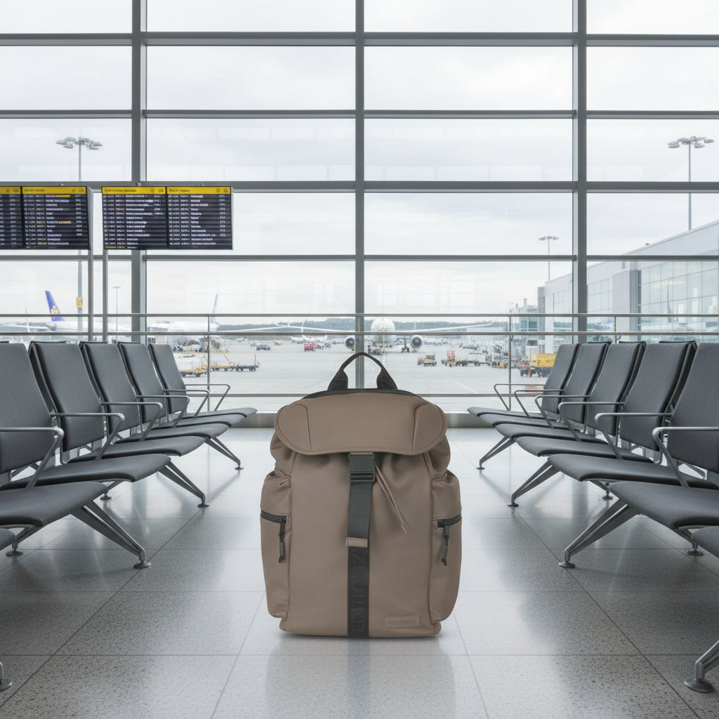 Brown backpack with black straps on a white background