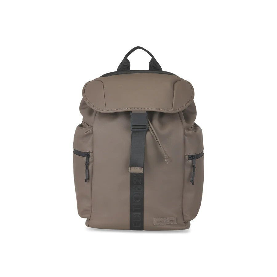 Brown backpack with black straps on a white background