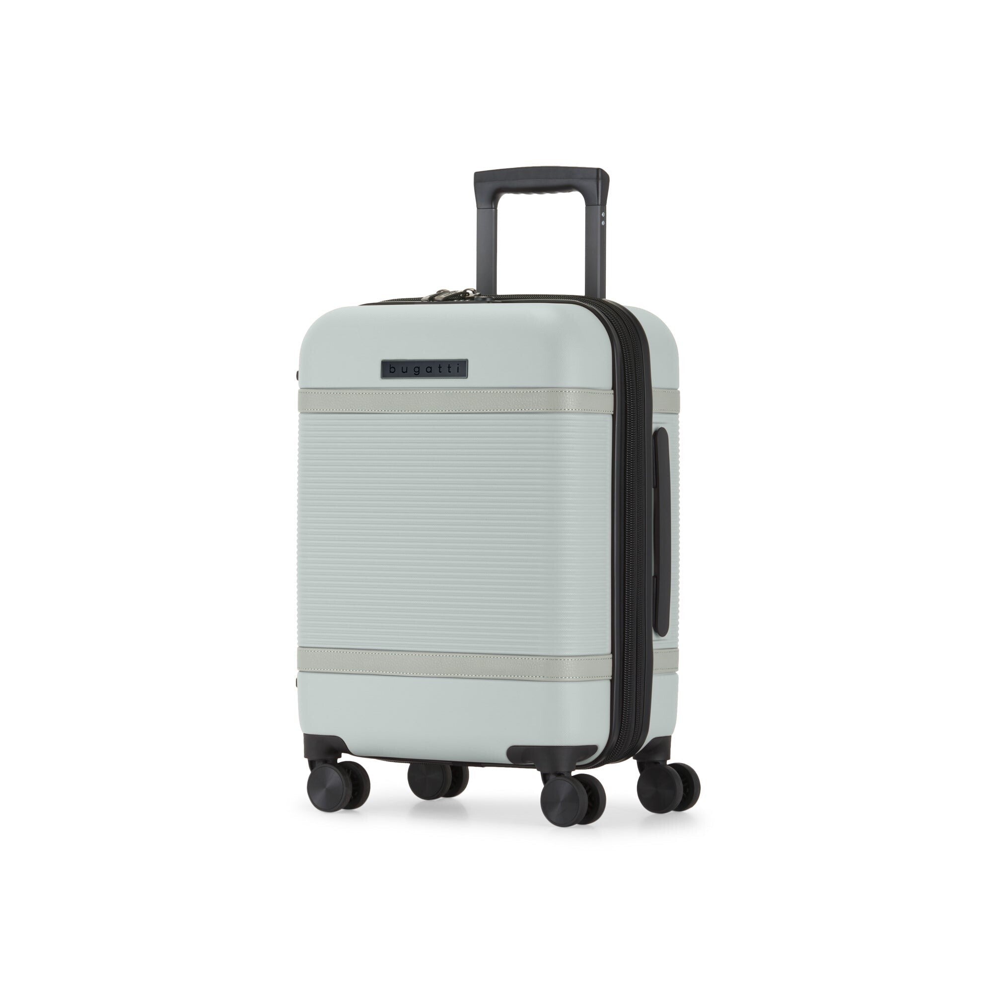 Light gray suitcase with black wheels and handle on a white background