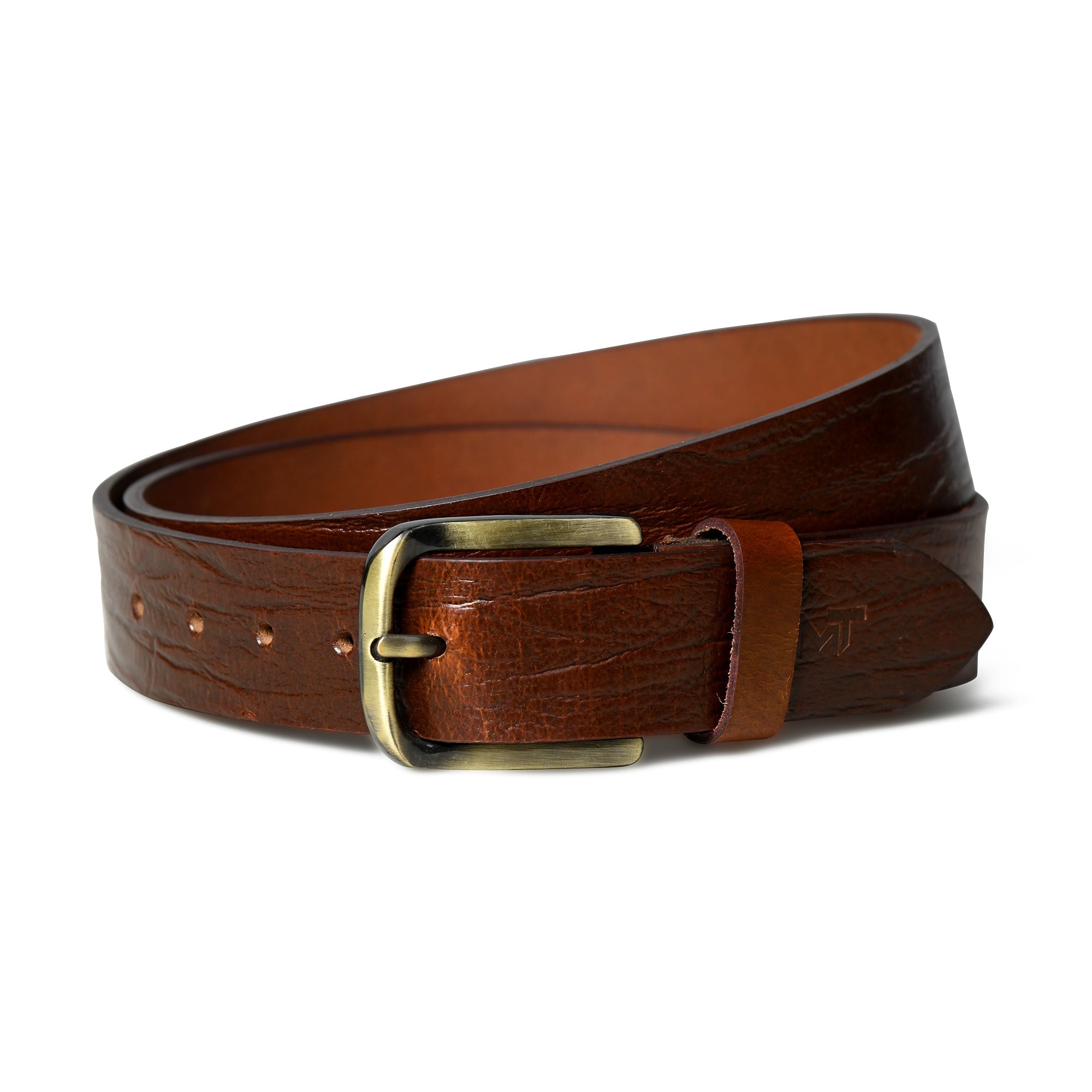 Brown leather belt with a brass buckle on a white background