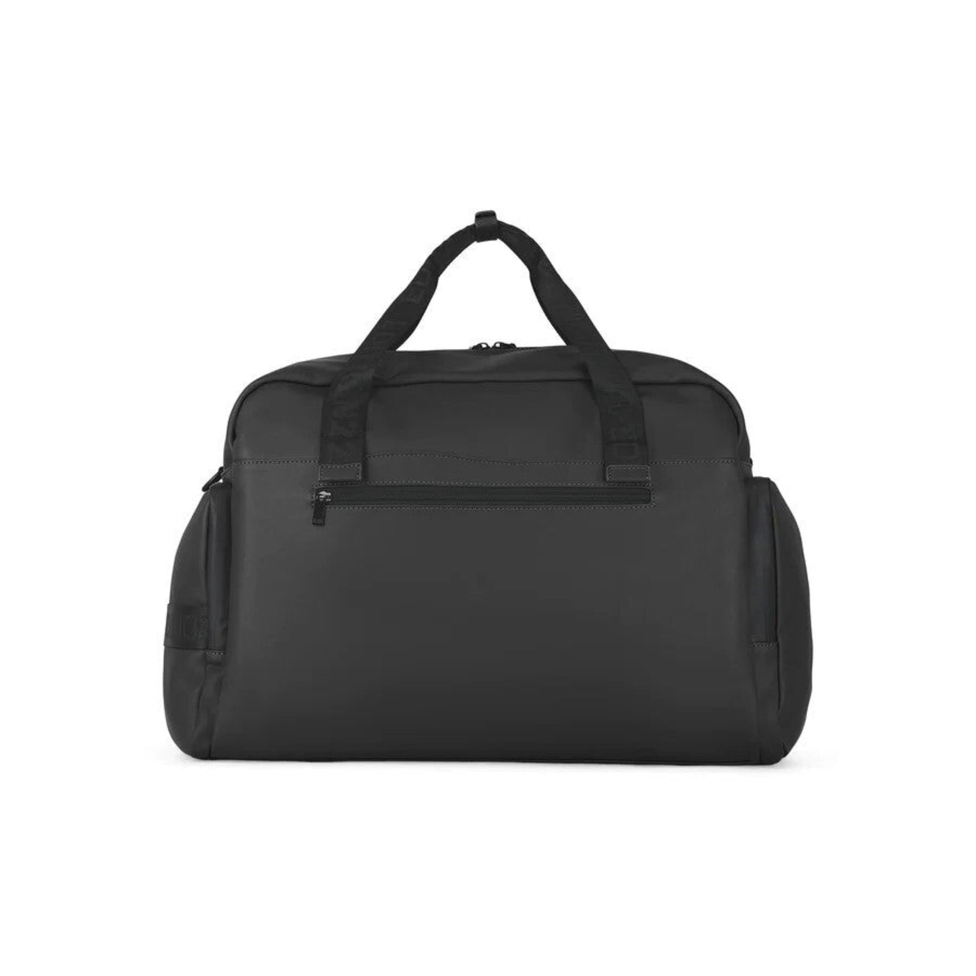 Black duffel bag on a white background