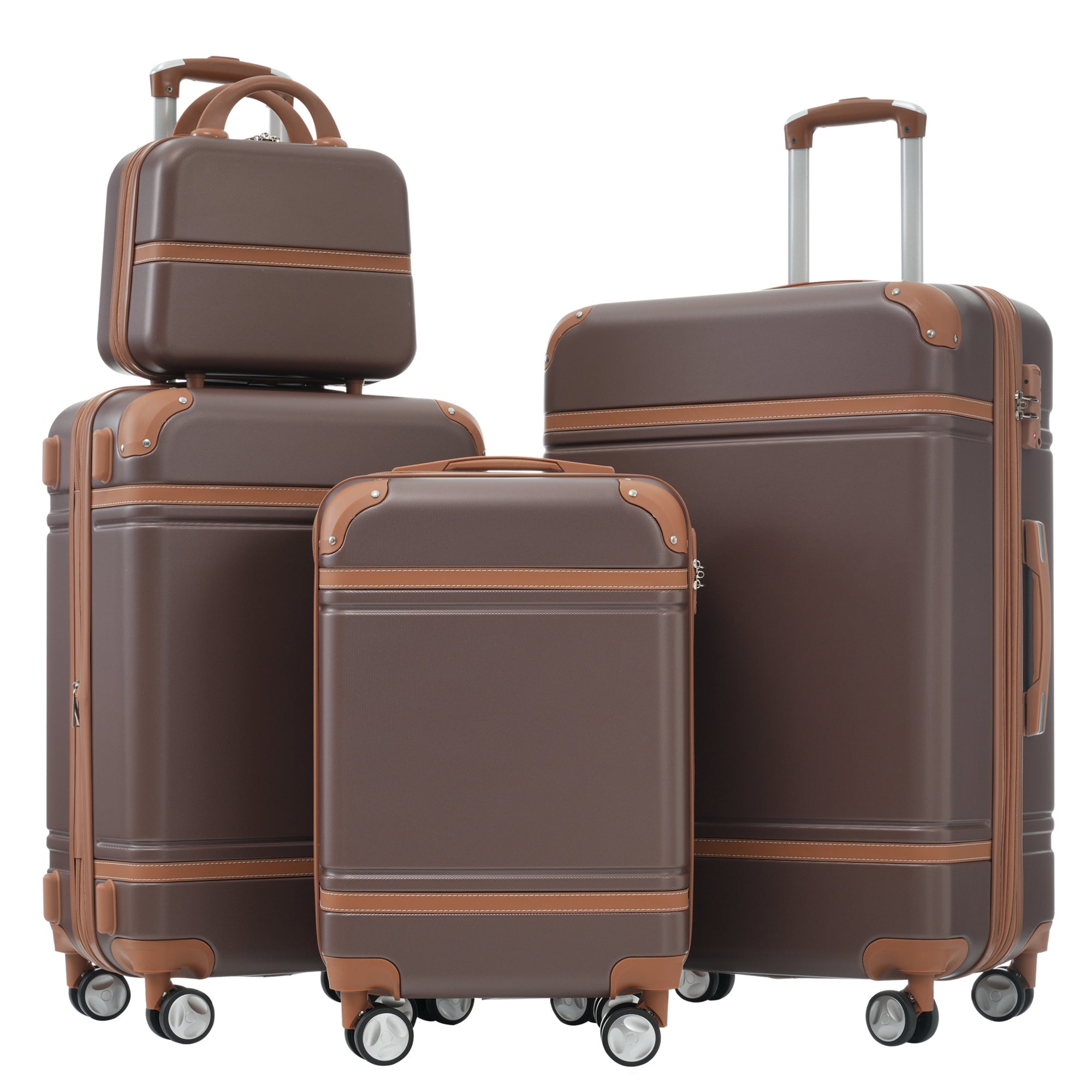 Brown Hardshell Luggage Set and Cosmetic Case Spinner Suitcase with TSA Lock 