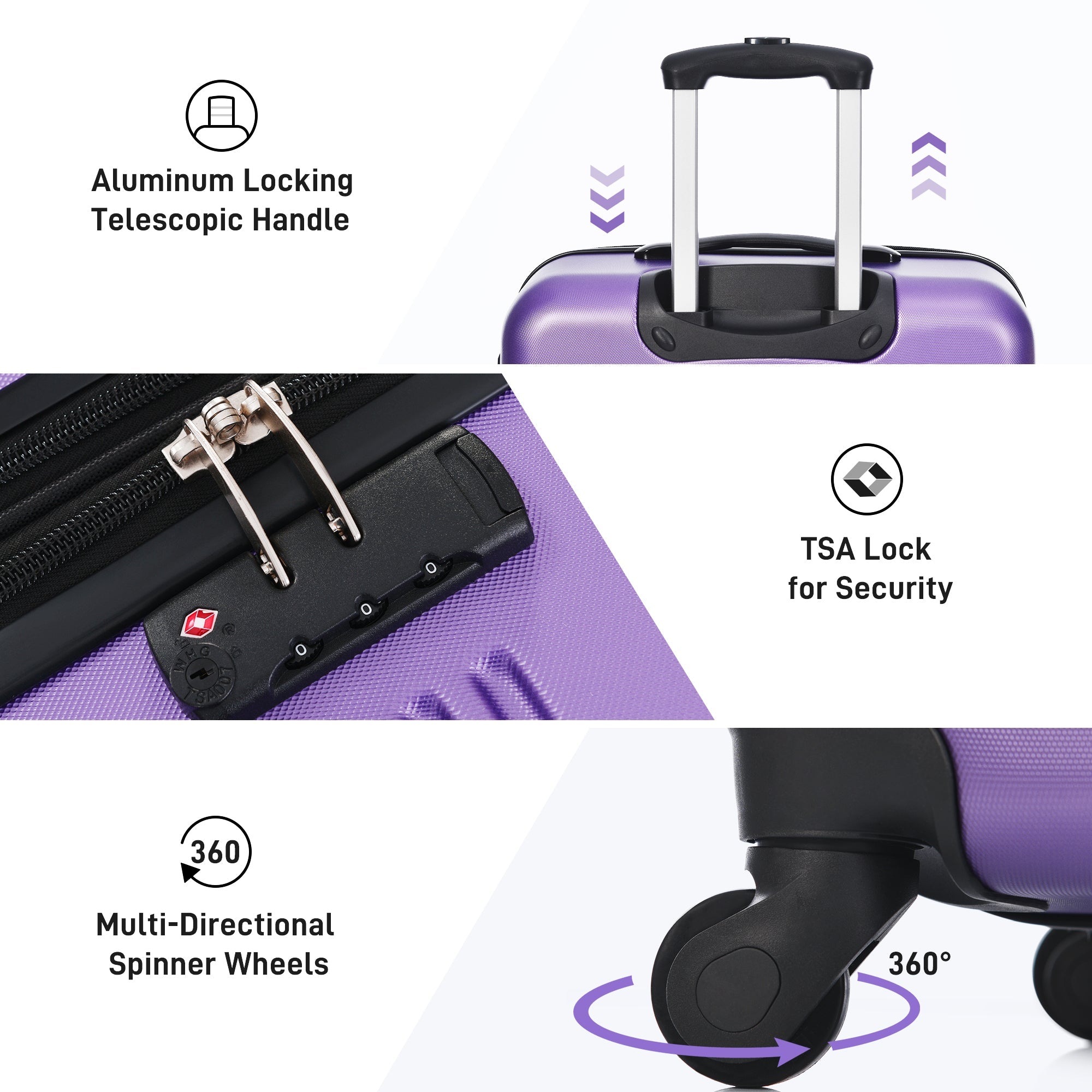 Purple Three Piece Luggage Set Hardside Spinner Suitcase with TSA Lock