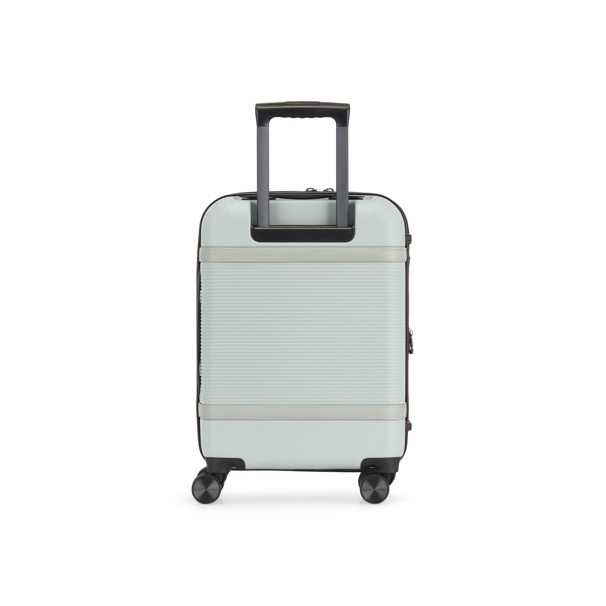 Light gray suitcase with black handle and wheels on a white background