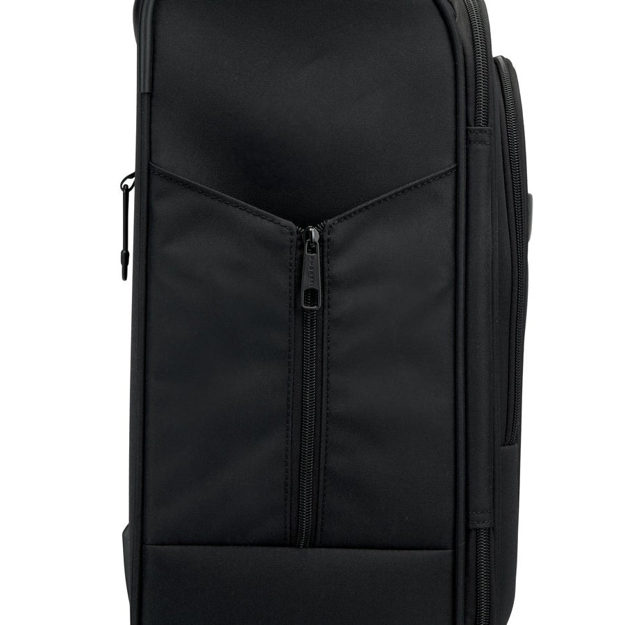 Black backpack with a zipper on a white background