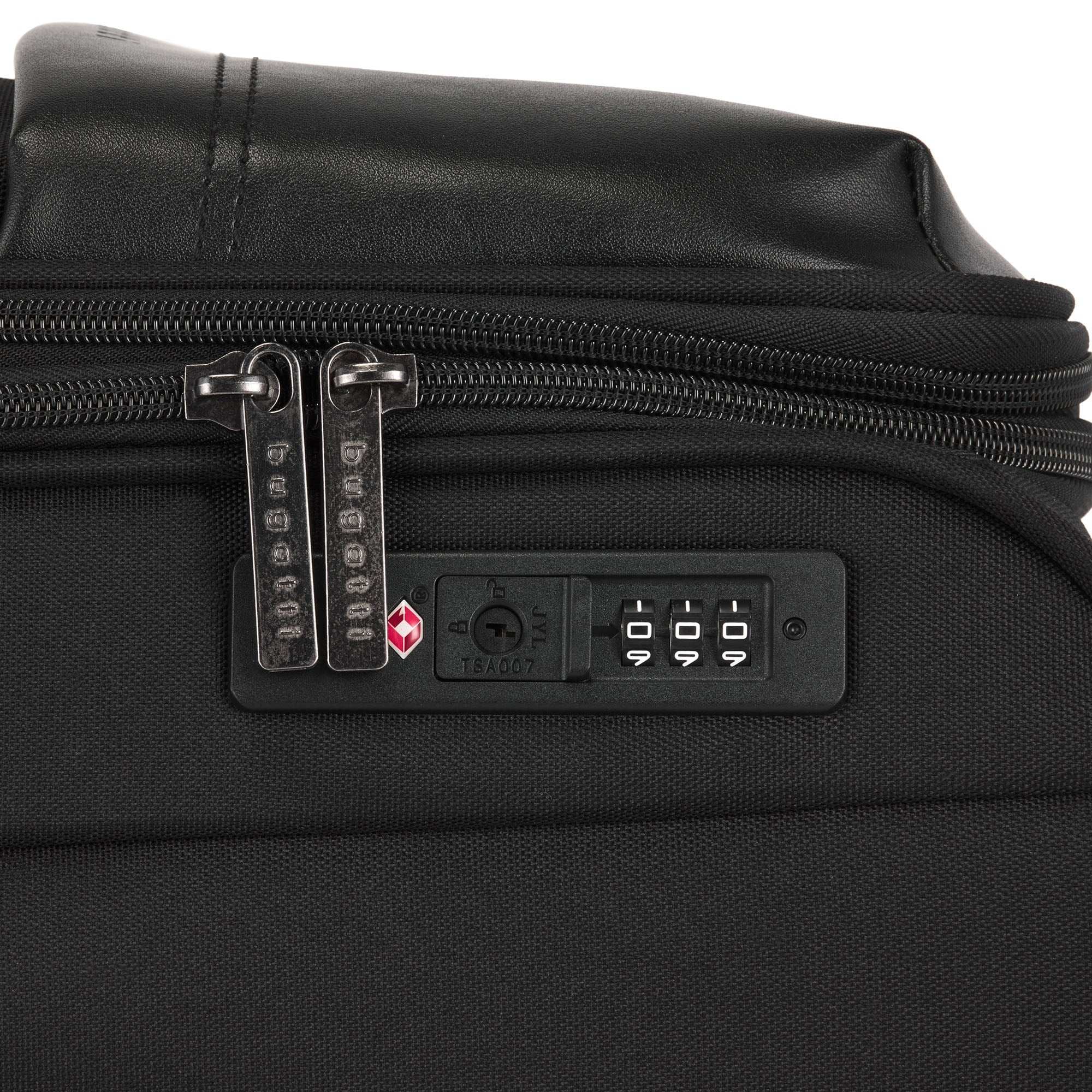Close-up of a black suitcase with a zipper and lock mechanism on a white background