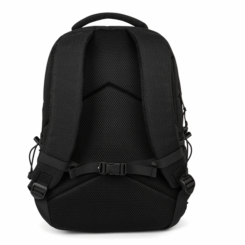 Black backpack shown from the back on a white background
