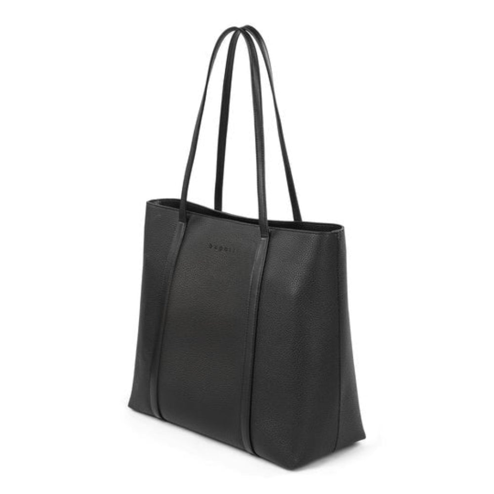 Black tote bag with handles on a white background