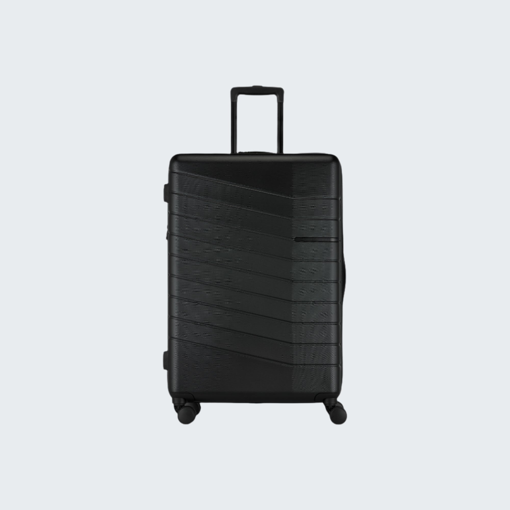 Black suitcase with a textured surface on a white background