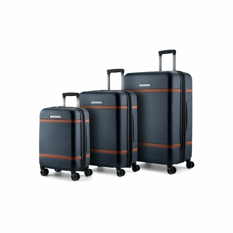 Set of three black suitcases with brown stripes on a white background