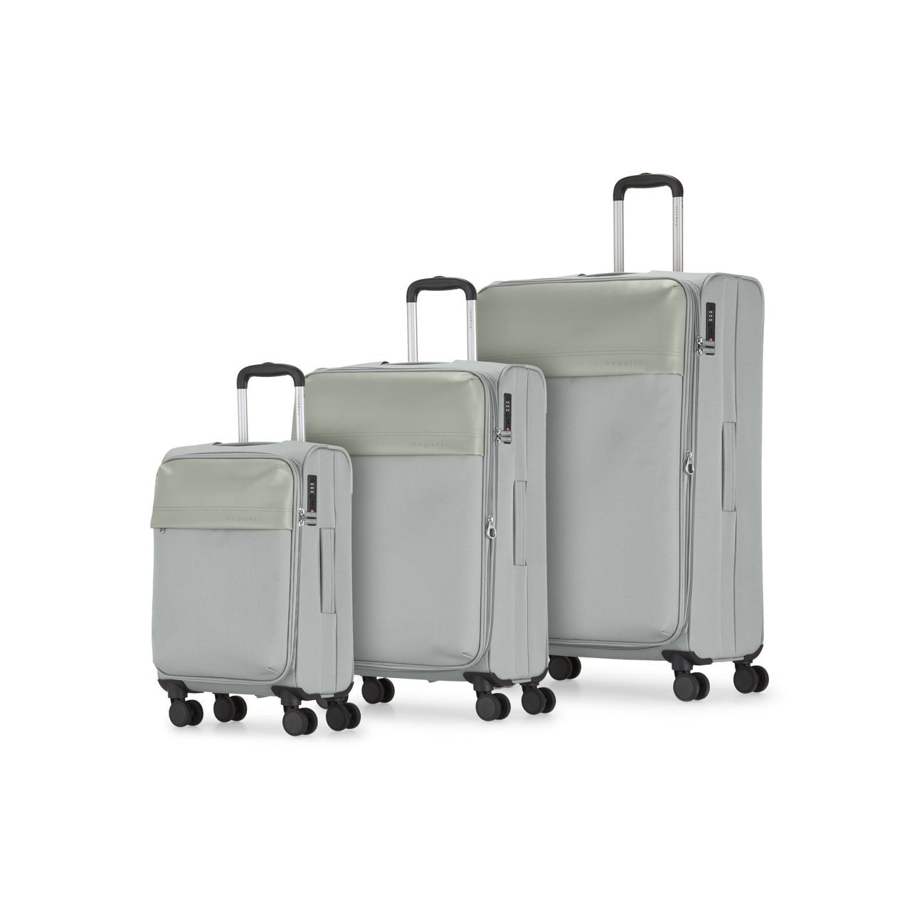 Set of three gray suitcases of different sizes on a white background
